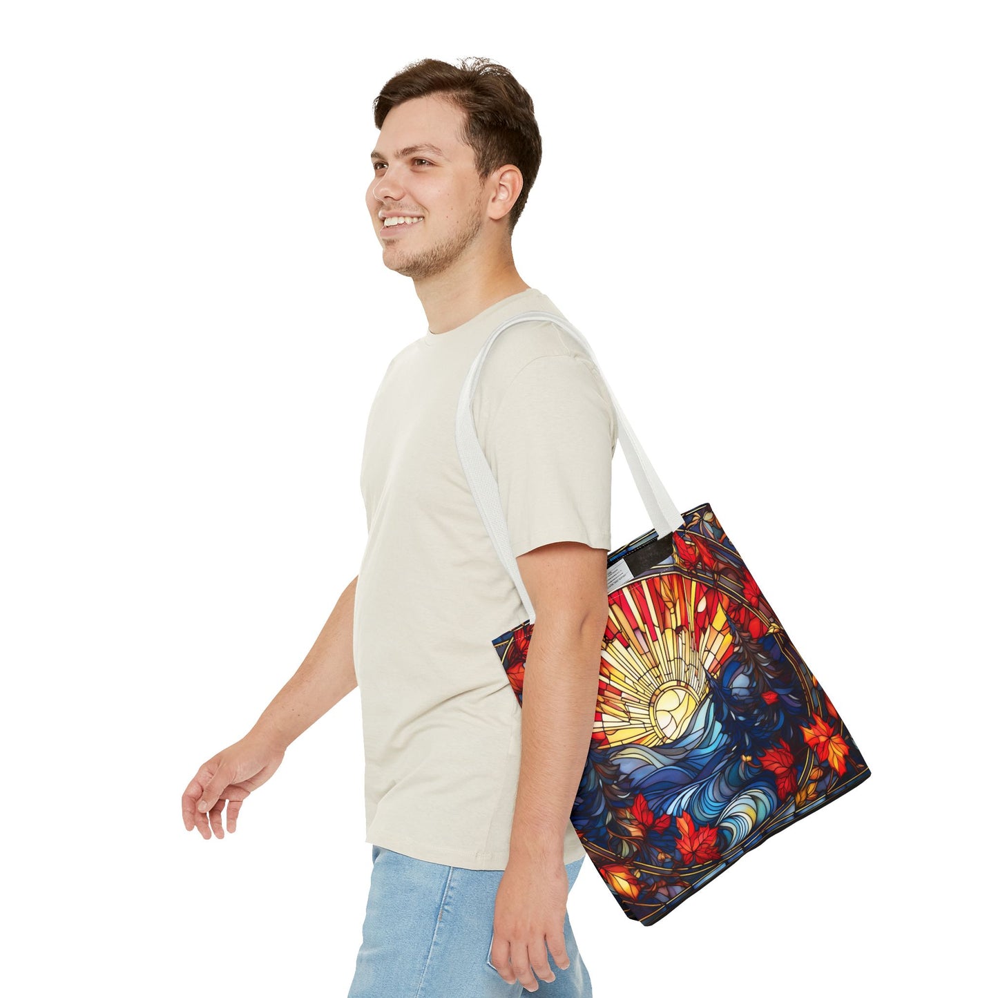 Stained Glass Fall Scene - Trees, Sun, Lake and Fall Leaves - Tote Bag