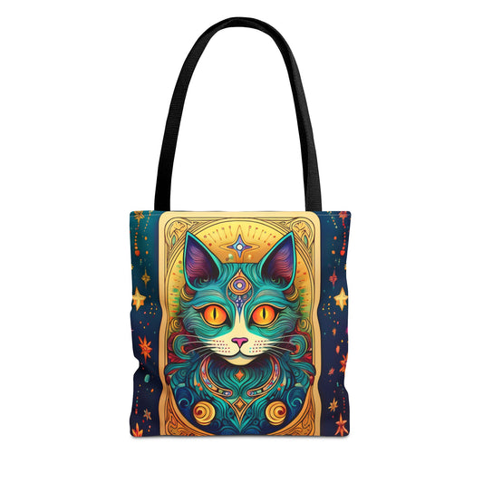 Tarot Style Cat Tote Bag - Navy and Gold