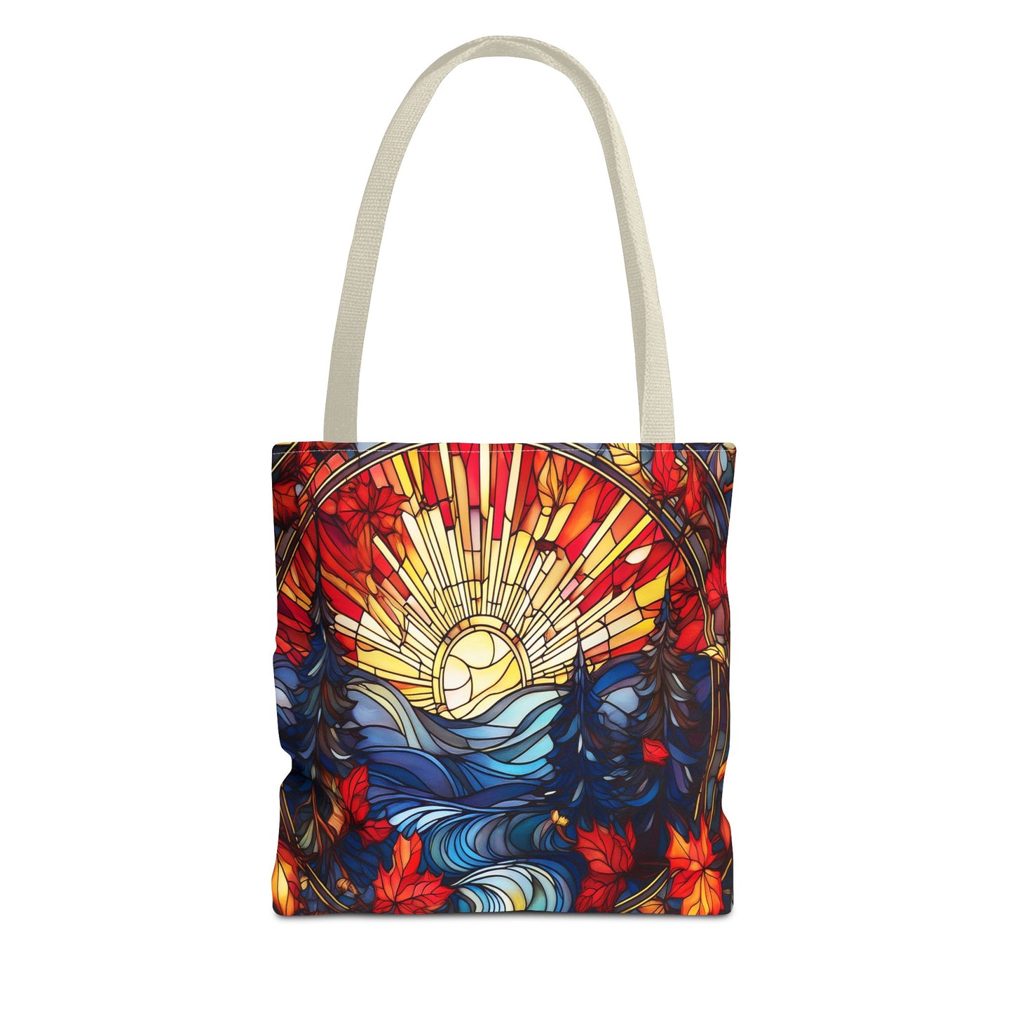 Stained Glass Fall Scene - Trees, Sun, Lake and Fall Leaves - Tote Bag