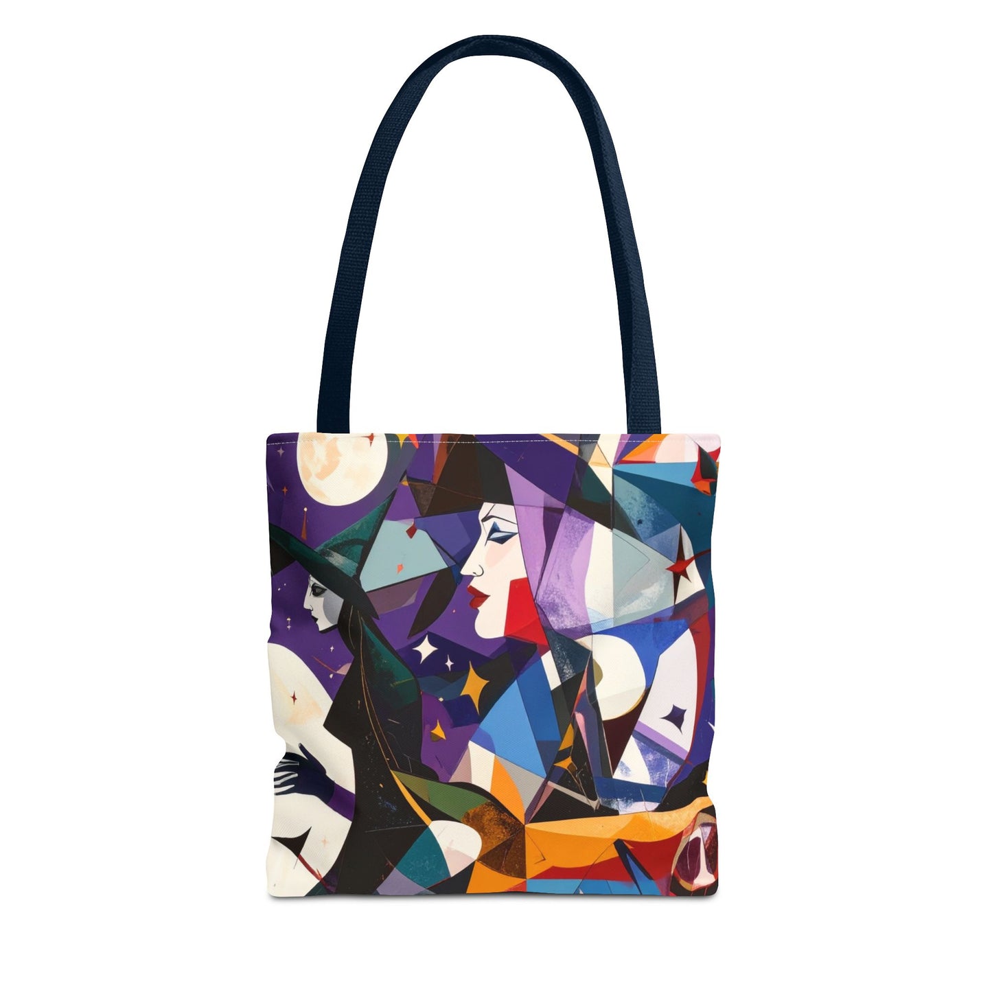 Witchy Tote Bag, Witches Moons and Stars, Cubism Design