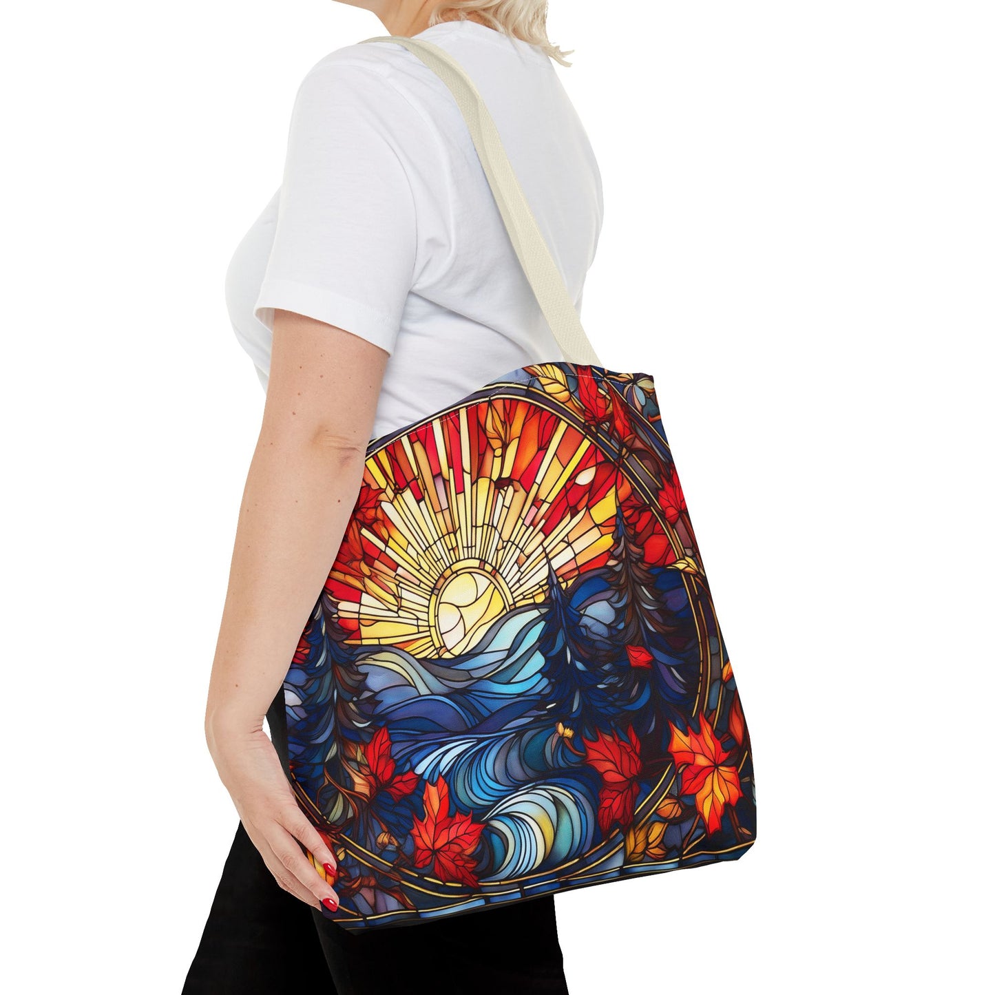 Stained Glass Fall Scene - Trees, Sun, Lake and Fall Leaves - Tote Bag