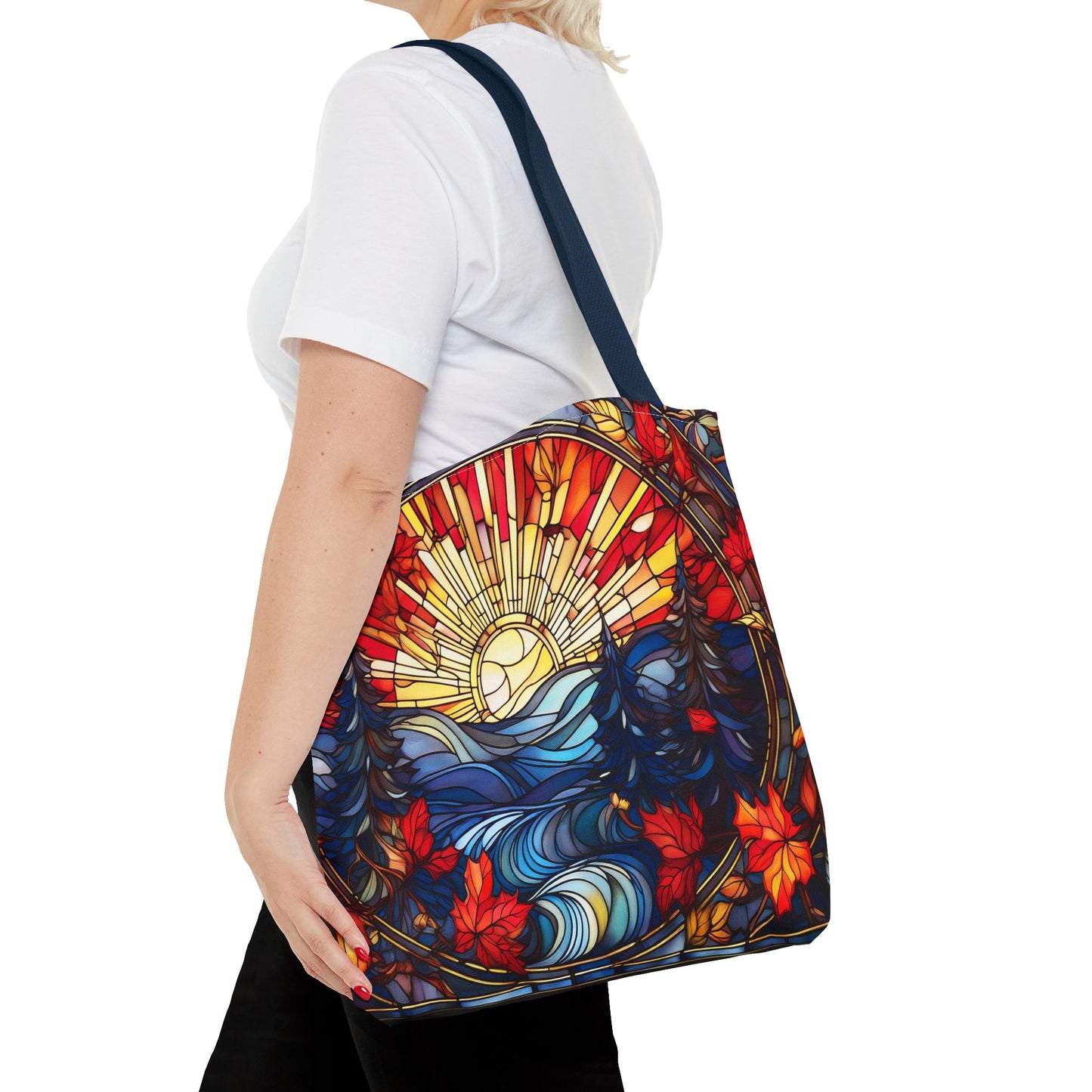 Stained Glass Fall Scene - Trees, Sun, Lake and Fall Leaves - Tote Bag