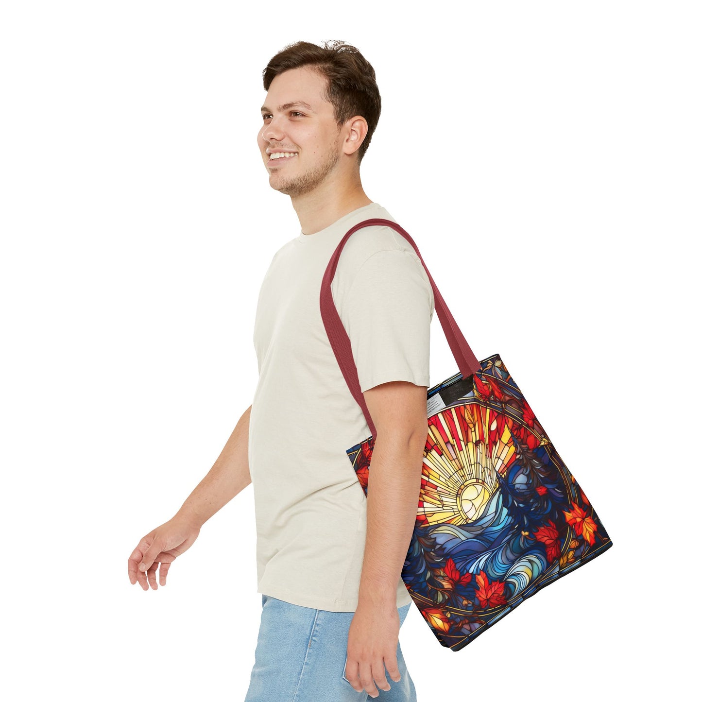 Stained Glass Fall Scene - Trees, Sun, Lake and Fall Leaves - Tote Bag