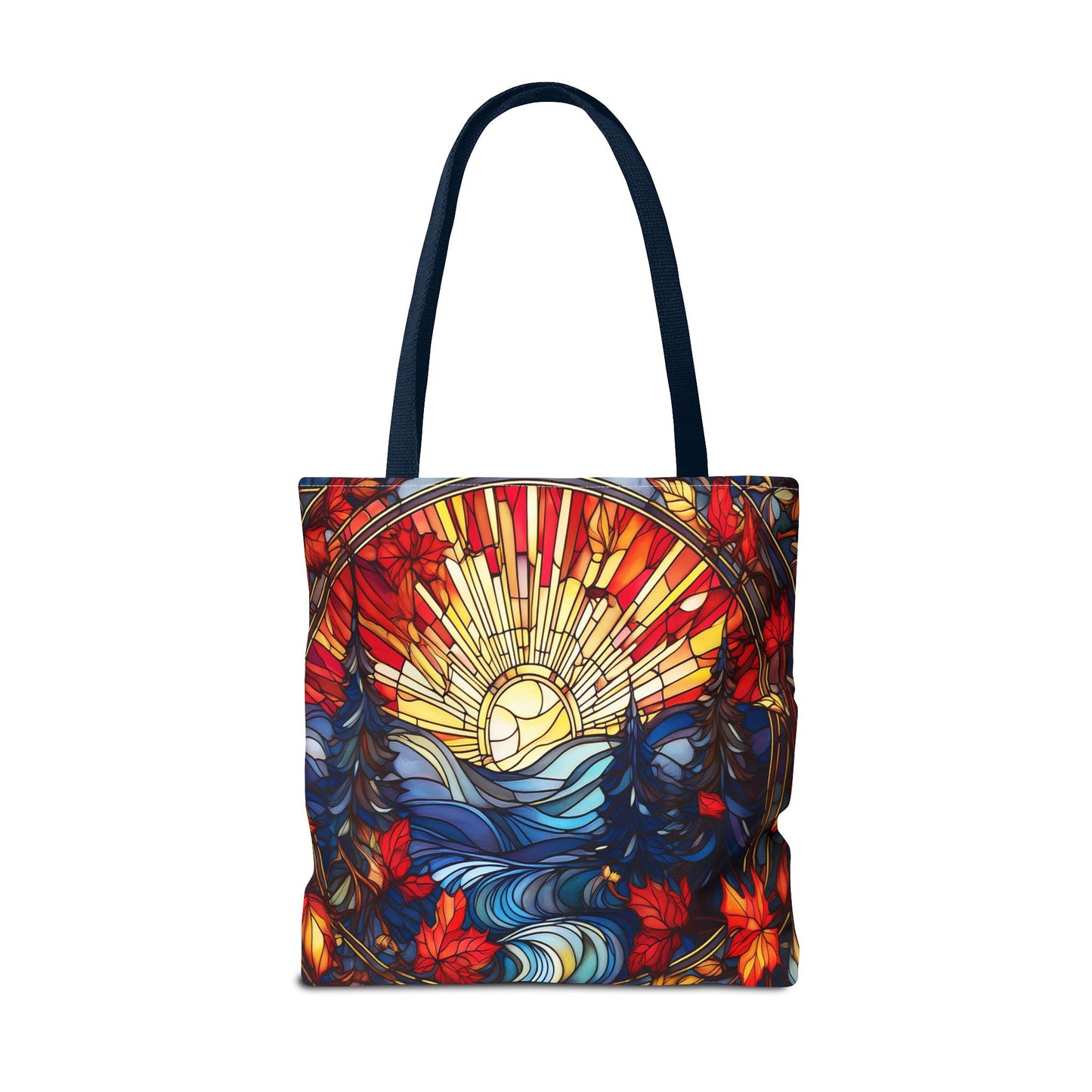 Stained Glass Fall Scene - Trees, Sun, Lake and Fall Leaves - Tote Bag