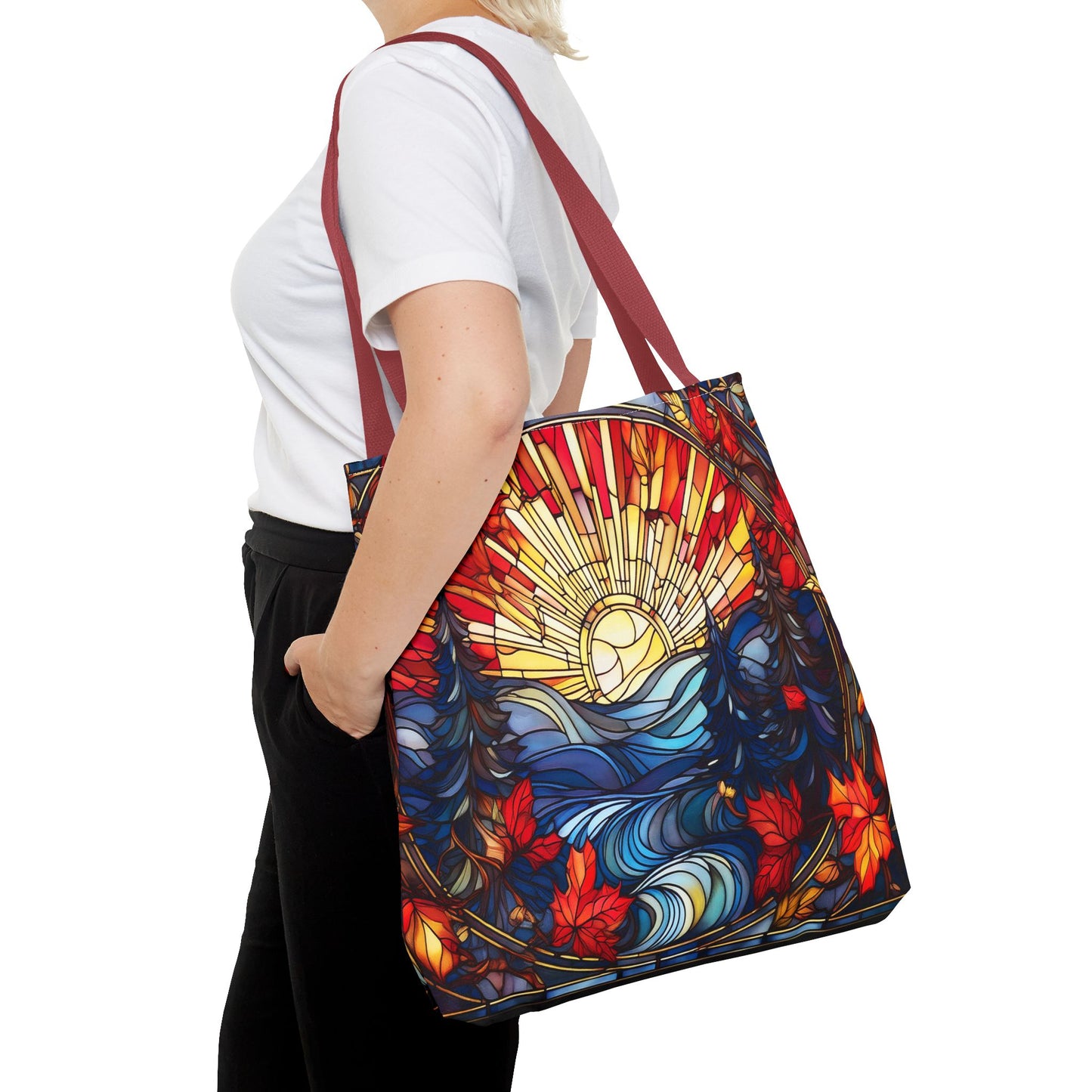 Stained Glass Fall Scene - Trees, Sun, Lake and Fall Leaves - Tote Bag
