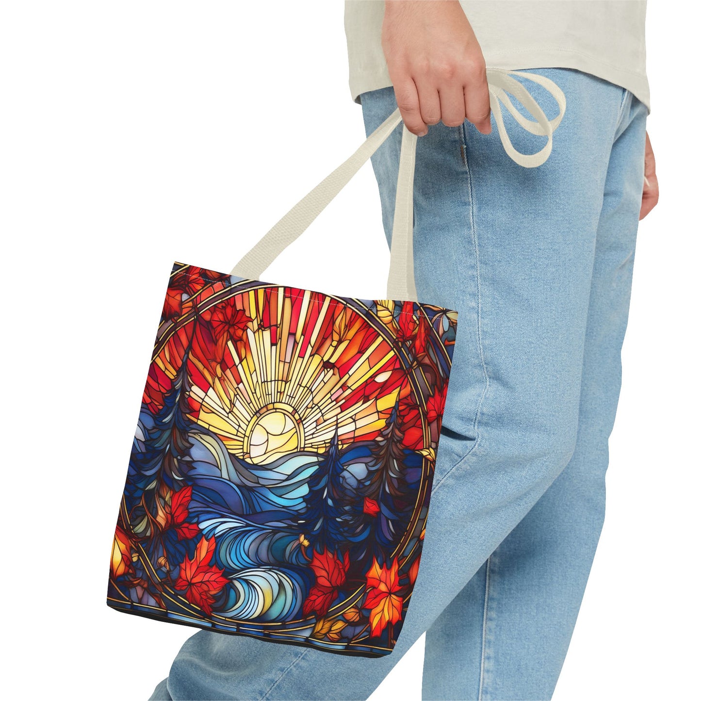 Stained Glass Fall Scene - Trees, Sun, Lake and Fall Leaves - Tote Bag