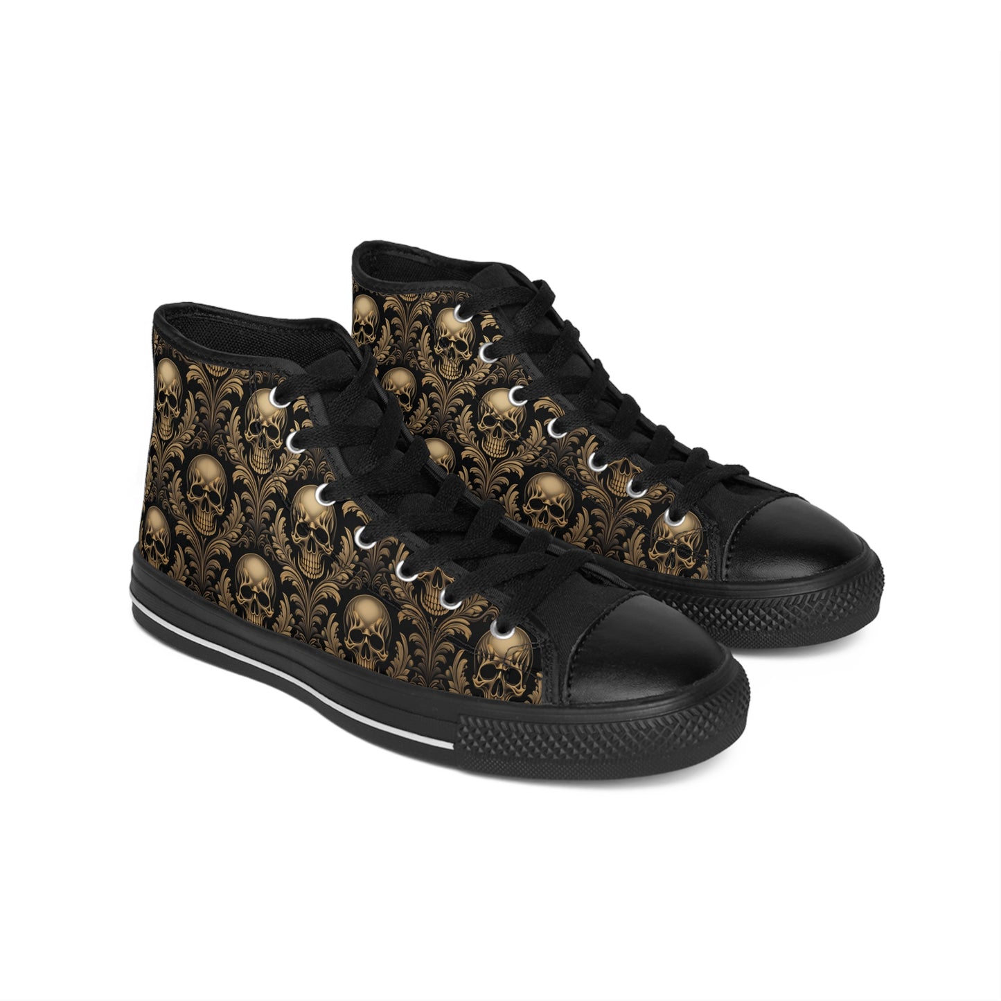 Black and Gold Damask Skulls - Women's Classic High Top Sneakers