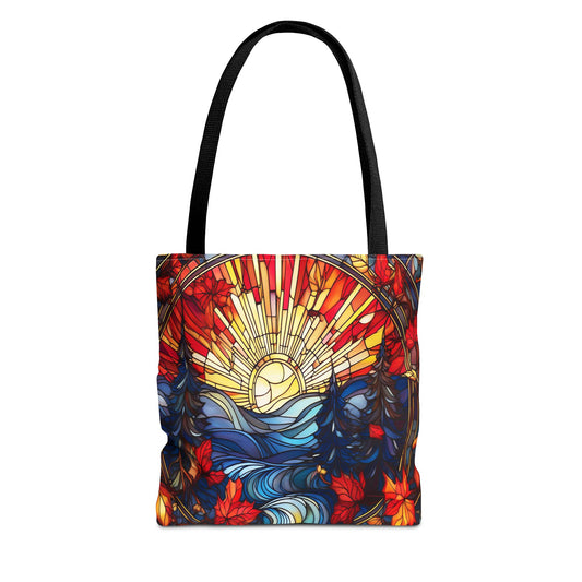 Stained Glass Fall Scene - Trees, Sun, Lake and Fall Leaves - Tote Bag