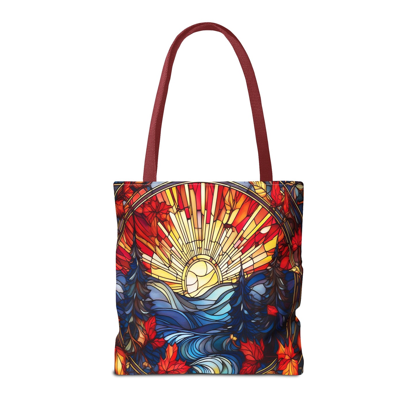 Stained Glass Fall Scene - Trees, Sun, Lake and Fall Leaves - Tote Bag