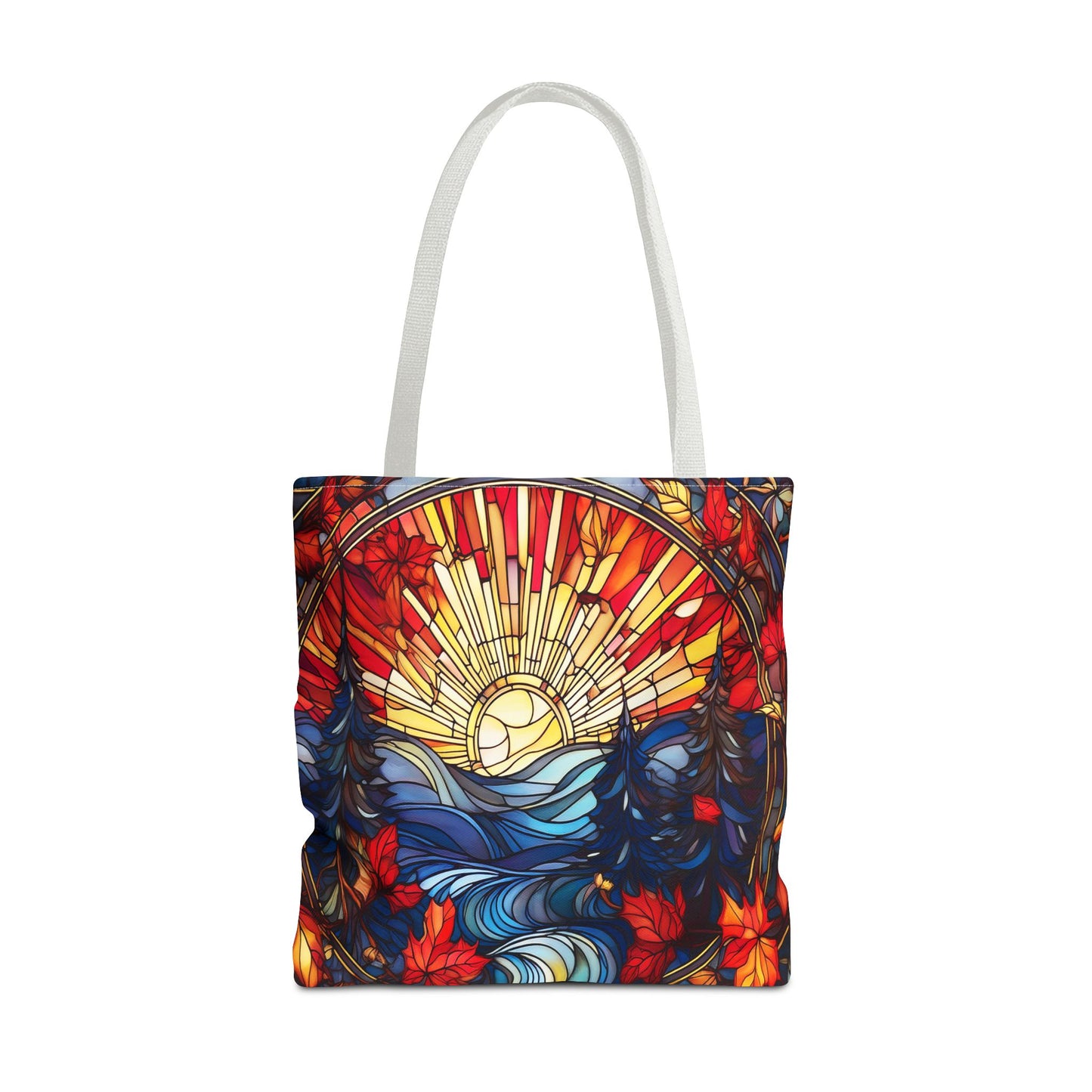 Stained Glass Fall Scene - Trees, Sun, Lake and Fall Leaves - Tote Bag