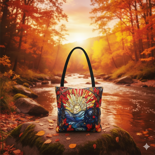 Stained Glass Style Tote Bag with Fall Scene