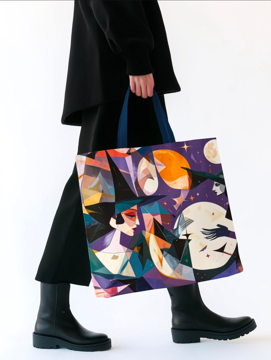Witchy Tote Bag, Witches Moons and Stars, Cubism Design