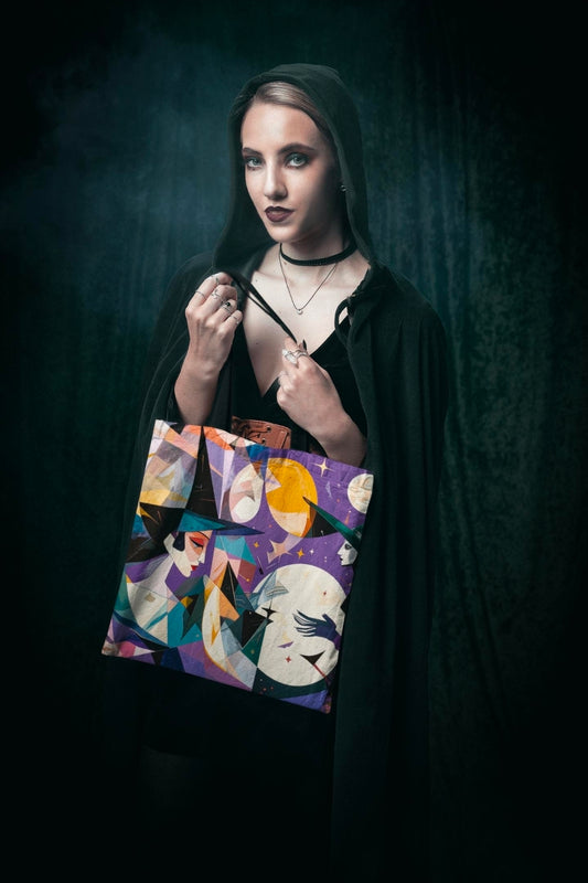 Witchy Tote Bag, Witches Moons and Stars, Cubism Design