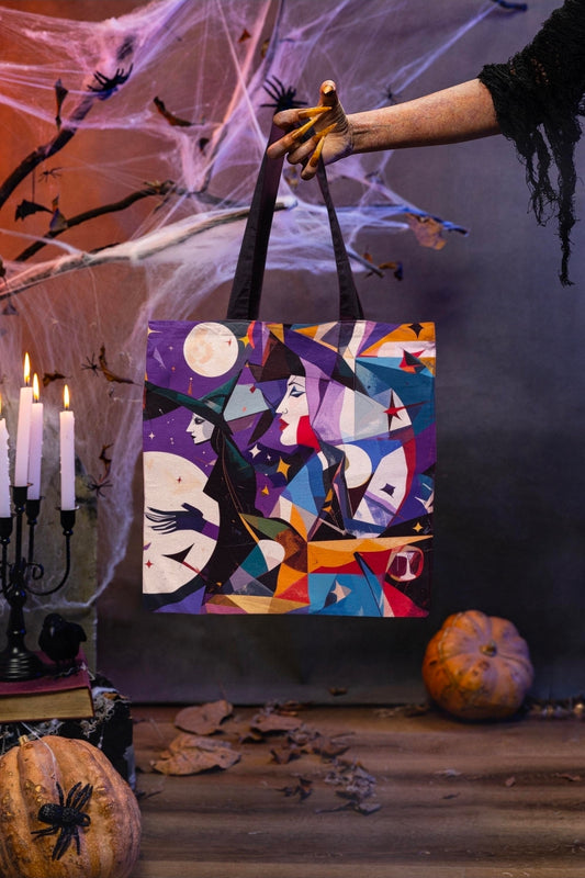 Witchy Tote Bag, Witches Moons and Stars, Cubism Design