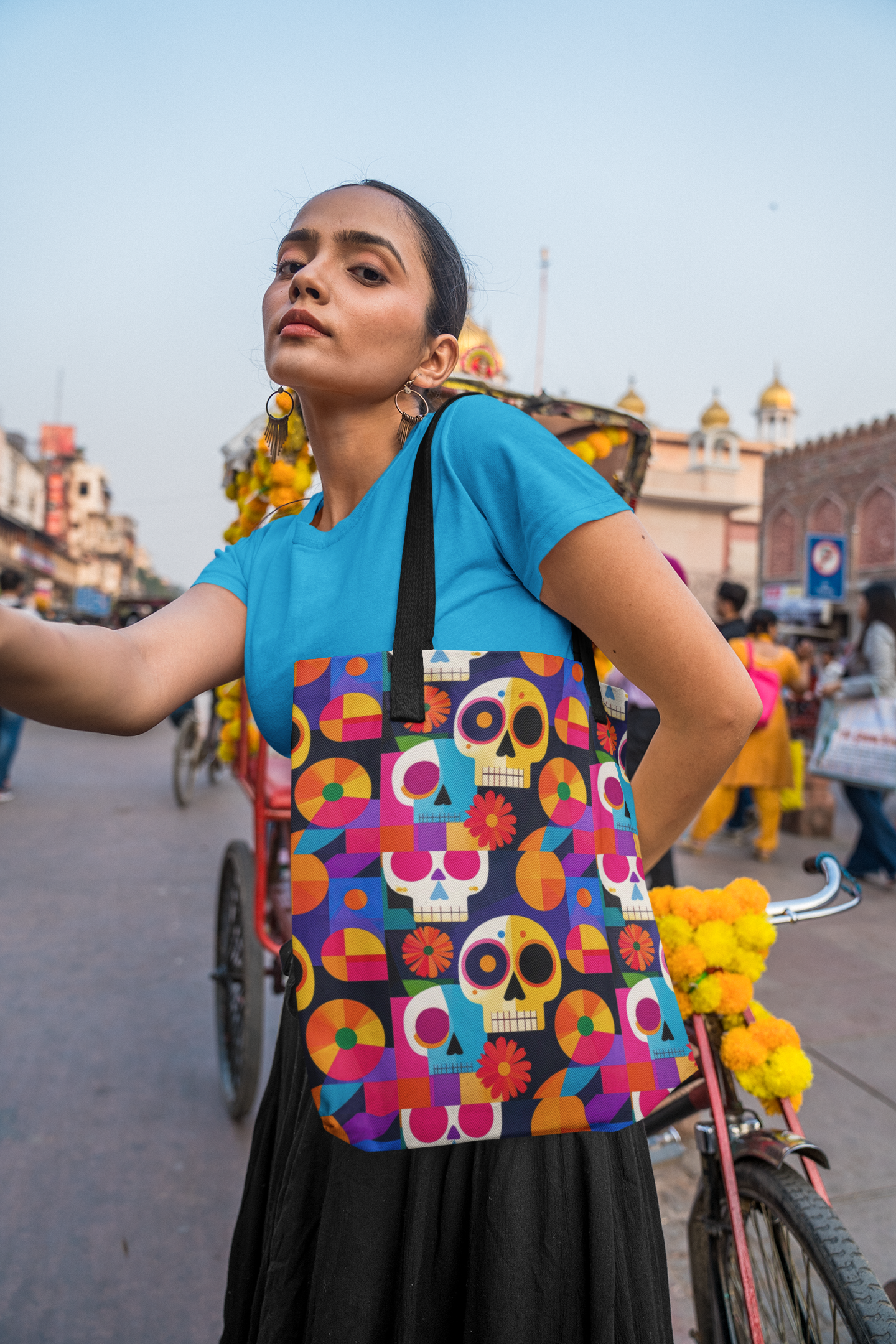 Colorful Sugar Skull Tote Bag, Day of the Dead Bag, Bauhaus Cubism Style Bag