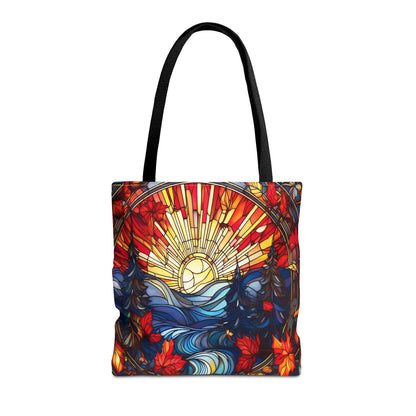 Stained Glass Fall Scene - Trees, Sun, Lake and Fall Leaves - Tote Bag