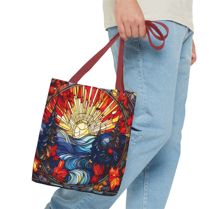 Stained Glass Fall Scene - Trees, Sun, Lake and Fall Leaves - Tote Bag