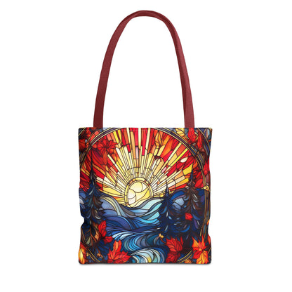 Stained Glass Fall Scene - Trees, Sun, Lake and Fall Leaves - Tote Bag