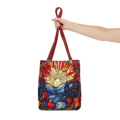 Stained Glass Fall Scene - Trees, Sun, Lake and Fall Leaves - Tote Bag