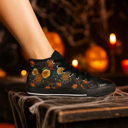 Black Orange Mixed Spiderwebs - Women's Classic High Top Sneakers