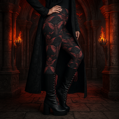 Black and Red Damask Bat Pattern Leggings