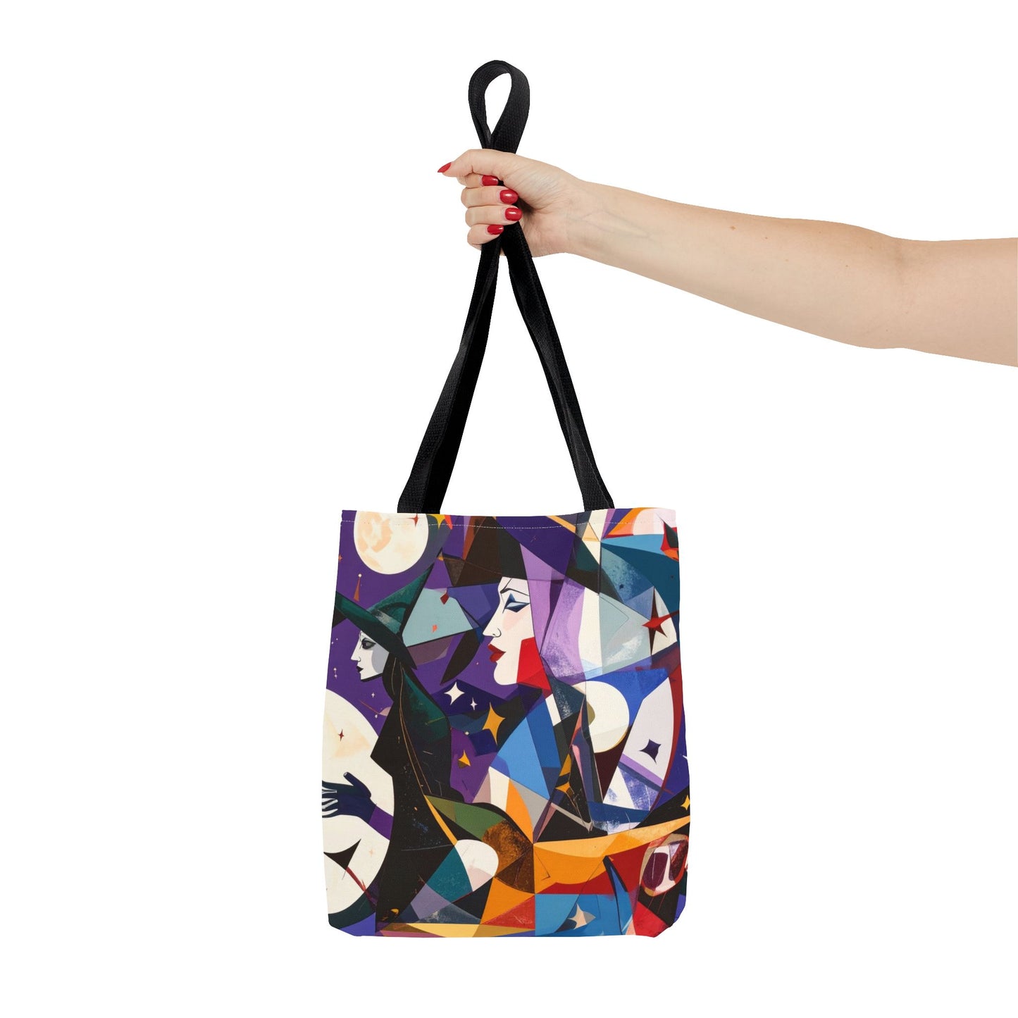 Witchy Tote Bag, Witches Moons and Stars, Cubism Design