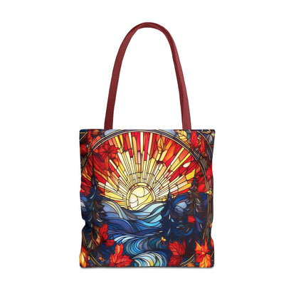 Stained Glass Fall Scene - Trees, Sun, Lake and Fall Leaves - Tote Bag