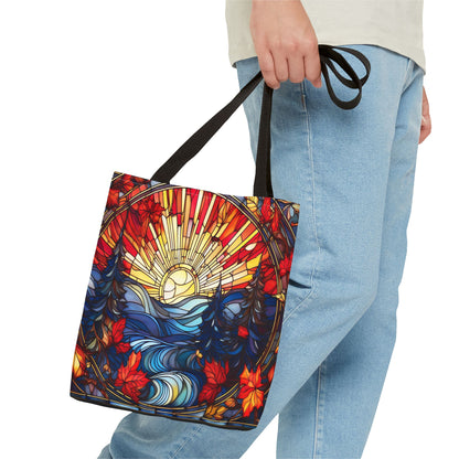 Stained Glass Fall Scene - Trees, Sun, Lake and Fall Leaves - Tote Bag