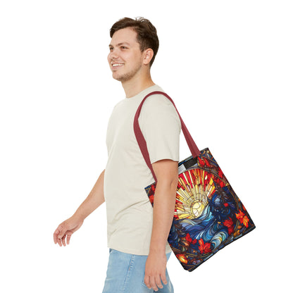 Stained Glass Fall Scene - Trees, Sun, Lake and Fall Leaves - Tote Bag