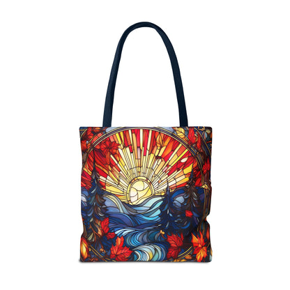 Stained Glass Fall Scene - Trees, Sun, Lake and Fall Leaves - Tote Bag