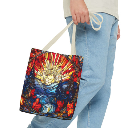 Stained Glass Fall Scene - Trees, Sun, Lake and Fall Leaves - Tote Bag