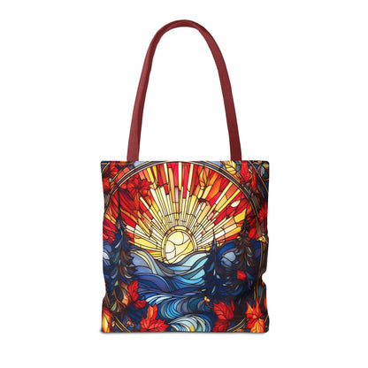 Stained Glass Fall Scene - Trees, Sun, Lake and Fall Leaves - Tote Bag
