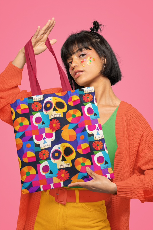 Colorful Sugar Skull Tote Bag, Day of the Dead Bag, Bauhaus Cubism Style Bag