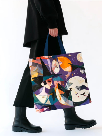 Witchy Tote Bag, Witches Moons and Stars, Cubism Design